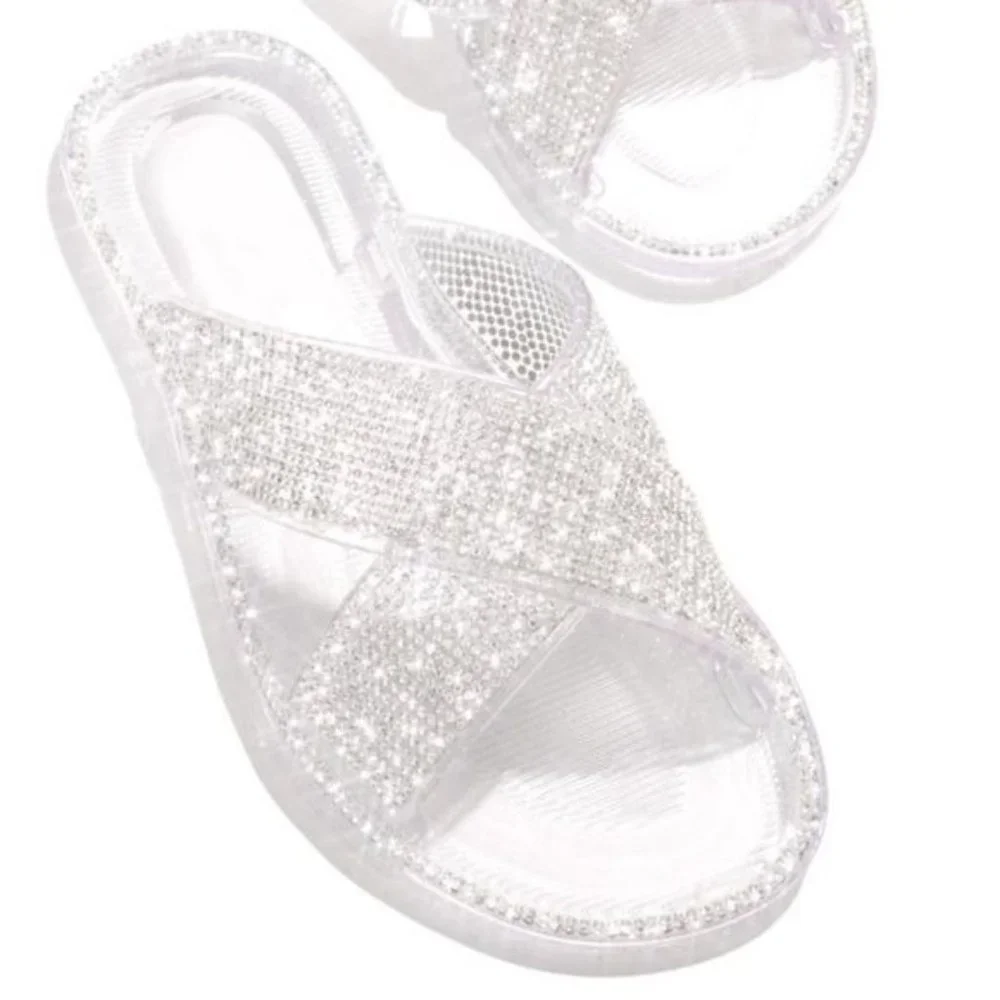 NEW Embellished Criss Cross Jelly Slides in Black - Picture 5 of 6